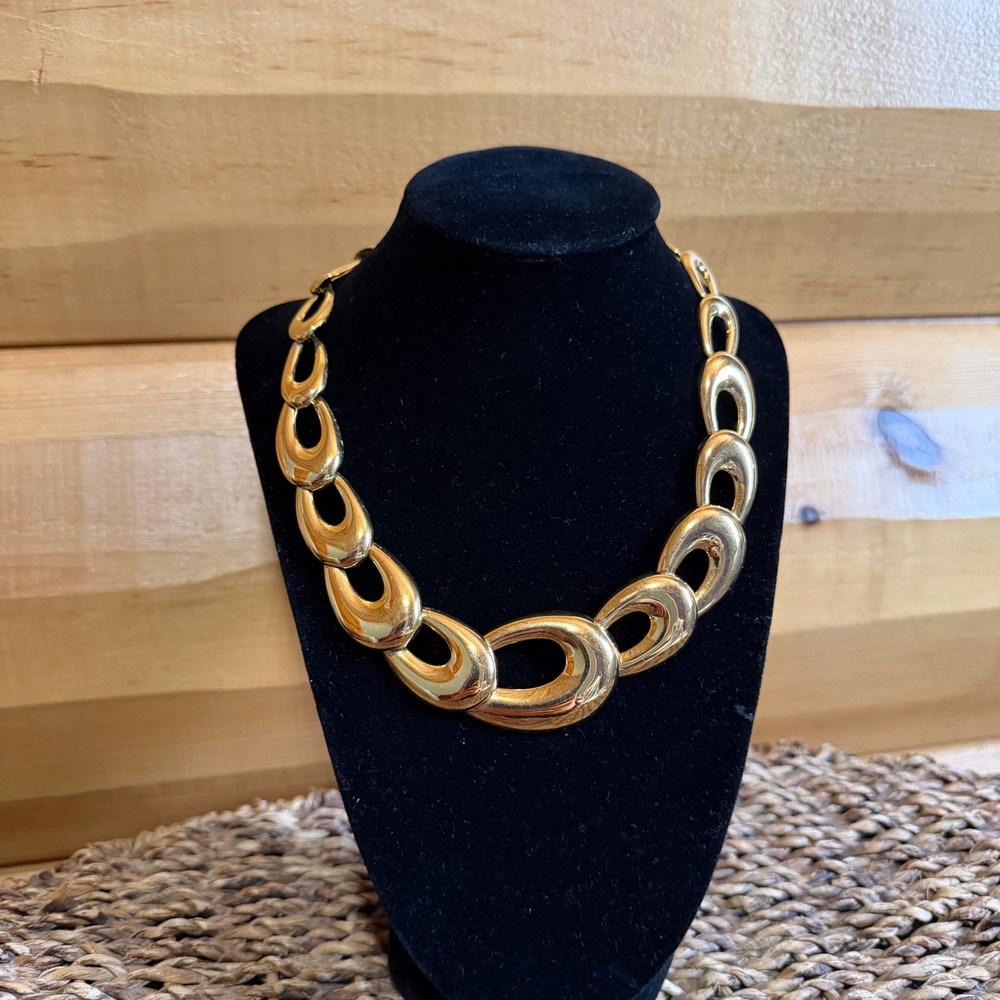 Napier Vtg 80s Modernist Gold Tone Graduated Ribbed Links Collar Necklace MCM‎